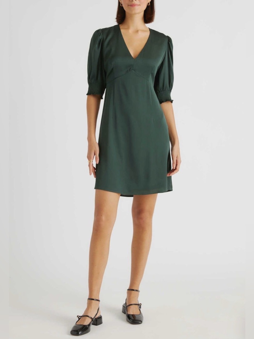 Quince Forest Green Stretch Silk Puff Sleeve
Mini Dress Size Medium NWT